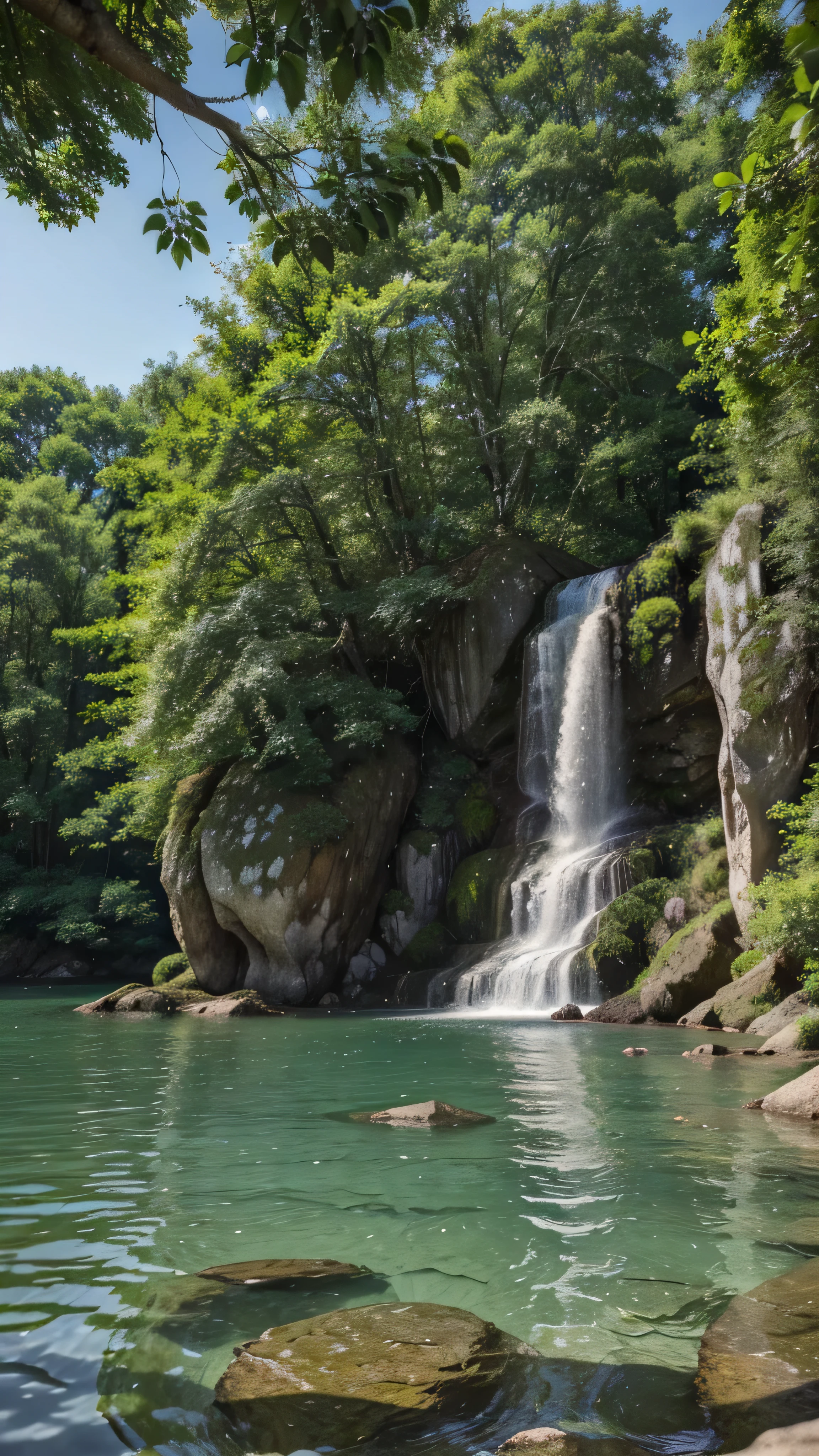 A high-quality photo of a serene natural landscape that symbolizes
peace and well-being. The image should be clear and vibrant, with natural elements such as
water, green leaves and blue sky. We will not include text in the image to maintain focus
in natural beauty.