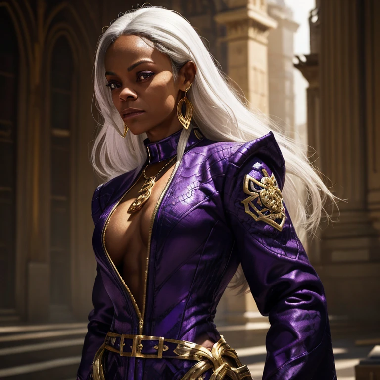 IFBB teen female bodybuilder Zoe Saldana, A  with a leash of straight white hair, dark skin, Latin ancestry, purple irises, wearing a black tatical suit with golden threads and wearing golden earrings shaped like snakes. Detailed eyes, detailed face, intricate grunge outfits, cinematic lighting, realistic concept art of strong backlighting.