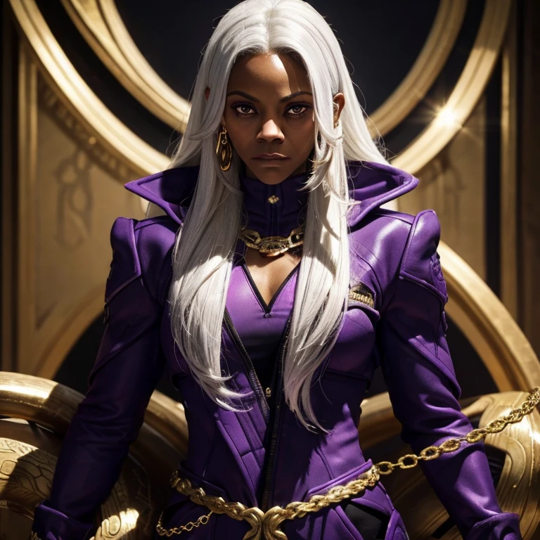 IFBB teen female bodybuilder Zoe Saldana, A  with a leash of straight white hair, dark skin, Latin ancestry, purple irises, wearing a black tatical suit with golden threads and wearing golden earrings shaped like snakes. Detailed eyes, detailed face, intricate grunge outfits, cinematic lighting, realistic concept art of strong backlighting.