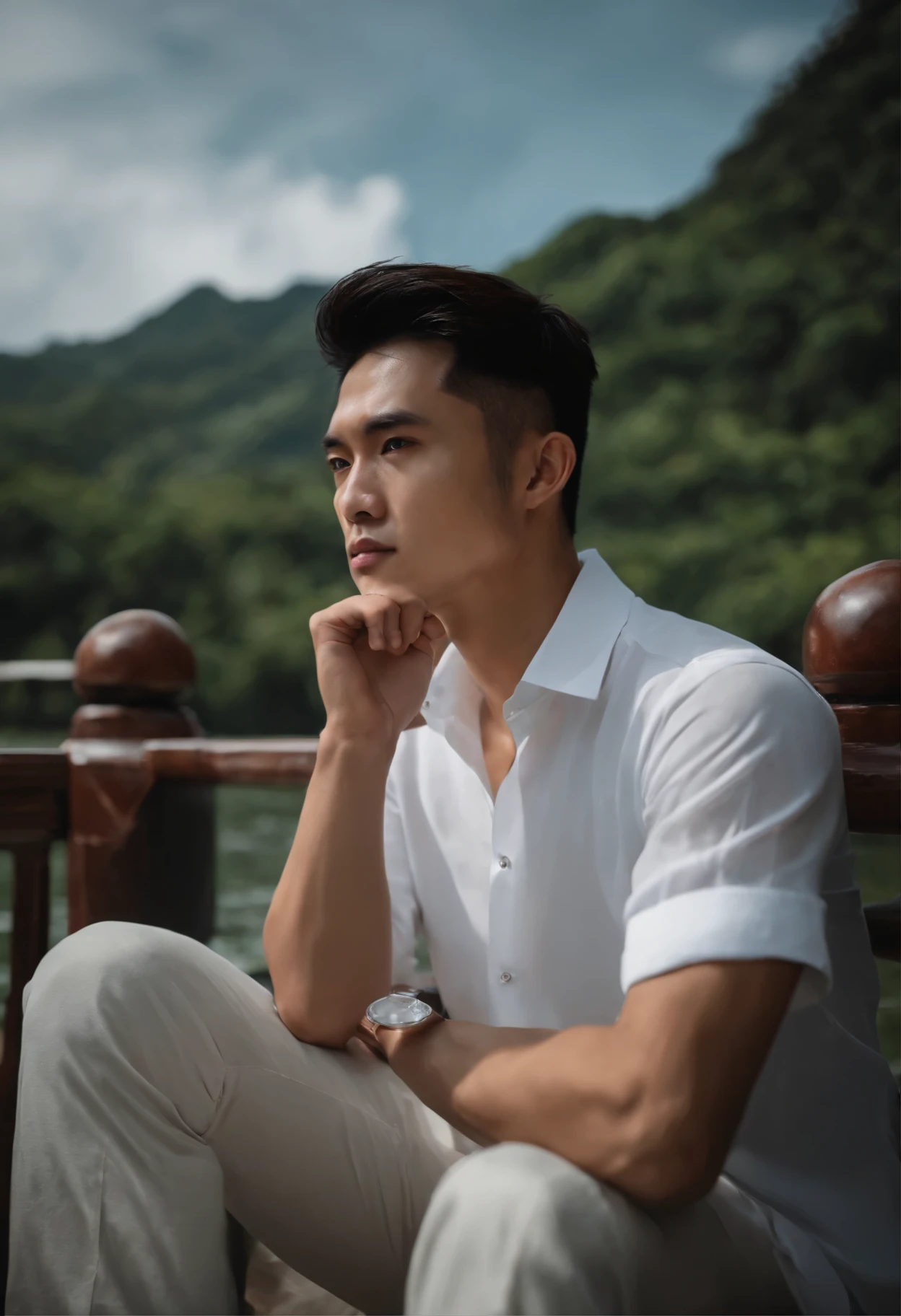 Malaysian Chinese guy、young、White shirt、eyes hidding