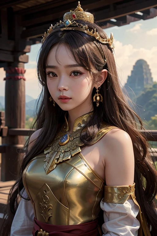 portrait of a war girl in Thai armor and Thai crown, wearing earrings, holding a bow weapon, dragon on behind, temple background, cinematic, fantasy, perfect, masterpiece