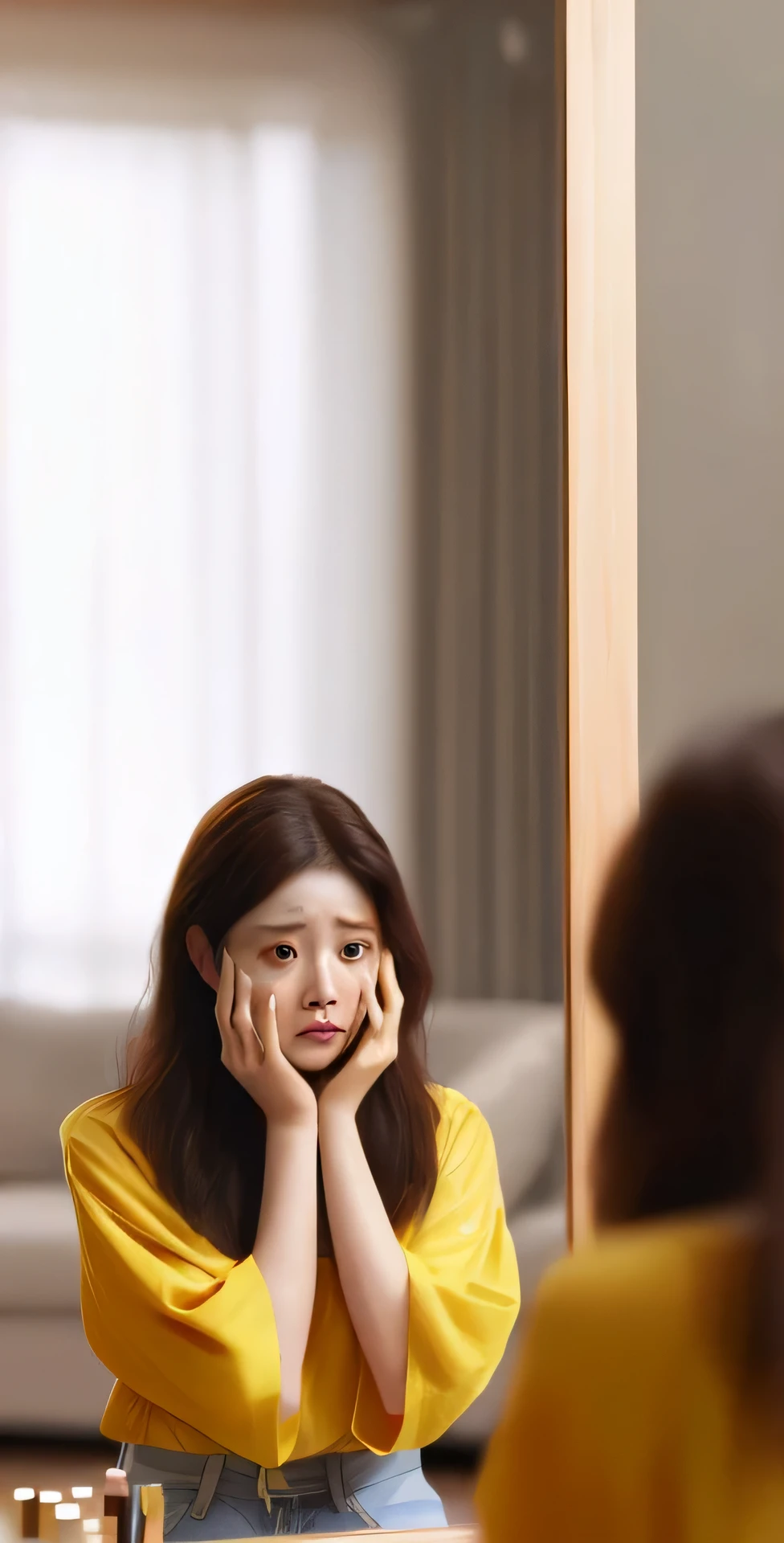 korean woman, 20 years old, yelow shirt, sad expresion , narutal light, high color, hight contrast, living room background, medium view