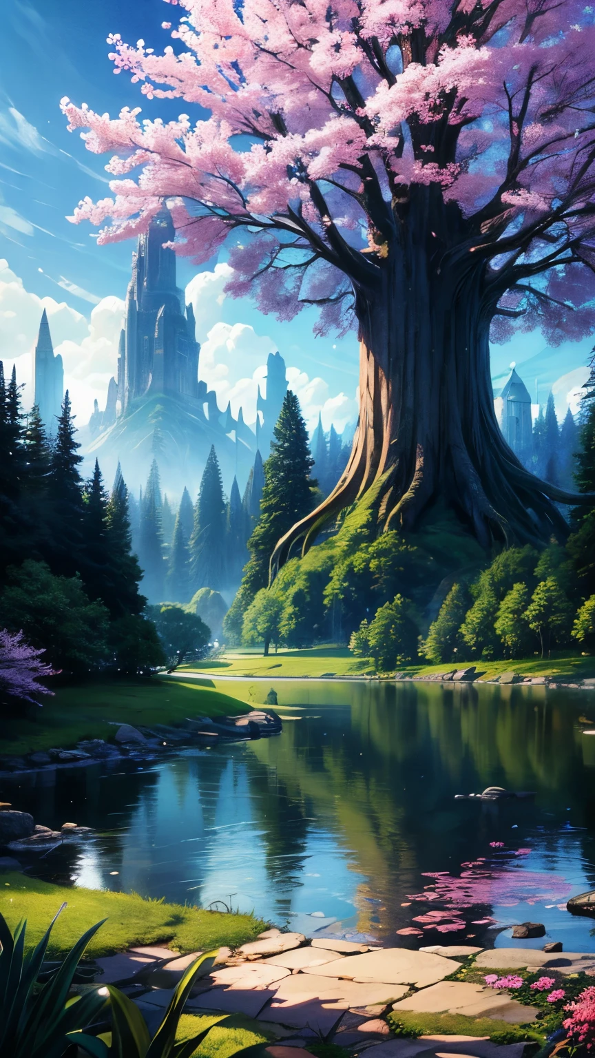 art、Fantasy、mysterious、forest、Huge tree、beautiful flower、Fantasy World