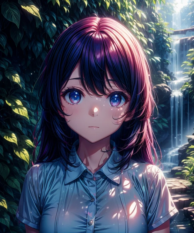 pichika,1girl,solo, sunlight, collared shirt, upper body,