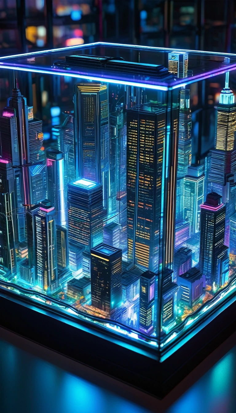 A cyberpunk city in a glass enclosure, isometric style, miniature. scenary,