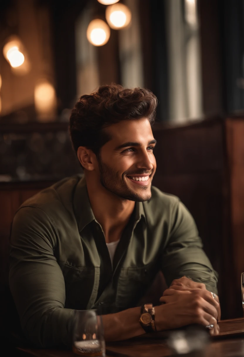 a beautiful Brazilian male model with stunning, (in a restaurant), ultra-realistic details, Smiling towards the camera, foto corporativa, Foto de plano medio, tres cuartos, cruzado los brazos, hermoso aspecto, Short Brown Messy Hair, ojos claros de miel, Sonrisa encantadora perfecta, Sexy Creado, Hombre caliente, insanamente bonito, Esa es la tendencia de ArtStation。Octane is the perfect tool to capture the smoothest details of this 16k photographic masterpiece。, Canon, Nikon, Sony FE, pov, multiple views, first-person view, HD, 4K