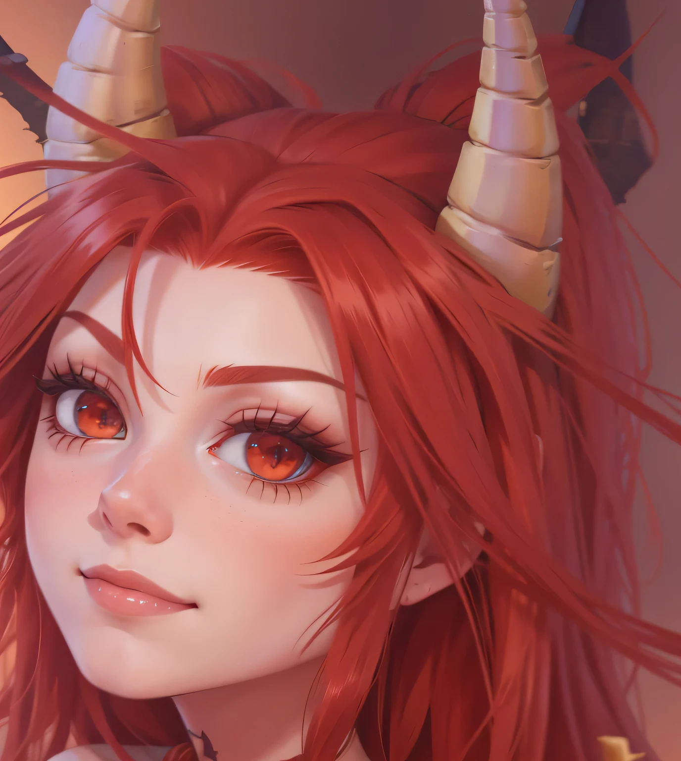 red hair, orange eyes, ,demon , Wings , magic background,horns ,cartoon, drawing, magic, Dragon's Tail , red , strands of red hair,, slight smile