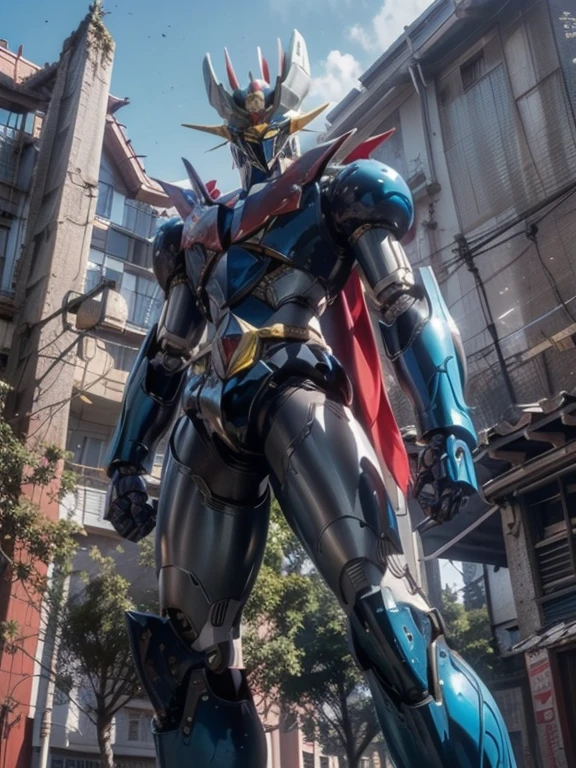 1 giant robot, Mazinger Z, Go Nagai, aesthetic artwork, ((open head for glider position)), yellow eyes, full body, ((black and silver super mazinger robot armor with blue forearms and calves, detail intricate, high level of detail)), ((two red metal zetas on the chest)), (((in the city, surpassing buildings in height))), (extremely detailed 8K wallpaper), soft lighting, high quality, film grain, sharp focus fujifilm XT3, f 5.6, 50 mm, high level of detail, sharp focus, complex details