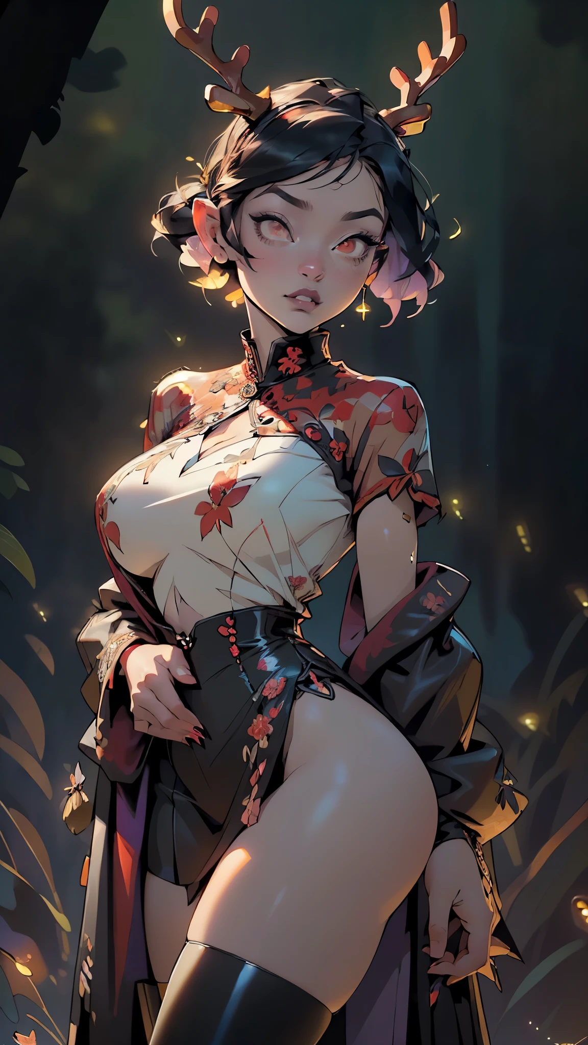 gothic reindeer girl,(((1girl))),((extremely cute and beautiful black hair with purple streaks anime gothic reindeer girl)),
(((anthro furry:1.2), Playboy_Reindeer, reindeer_antlers,(huge antlers:1.5,dear antlers:1.5,blooming antlers:1.5))),(large breasts:1.4),saggy breasts,((((black hair with purple streaks:1.35,short hair,ear breathing)))),(((red_eyes:1.3))),intricate eyes,beautiful detailed eyes,symmetrical eyes,big eyes:1.5,(((lustrous skin:1.5,bright skin: 1.5,skin tanned,shiny skin,very shiny skin,shiny body,plastic glitter skin,exaggerated shiny skin,illuminated skin))),(spider lower abdomen,narrow waist,wide hip,athletic body,inflated legs,thick thighs,detailed body,(detailed face)),
cute,slutty,seductive,erotic,(((nsfw))),
zettai ryouiki,revealing clothing,show skin,(((Sexy goth fur coat, goth fur coat outfit,wearing a goth fur coat:1.3,dark red coat))),((red goth mini-skirt,red goth mini skirt,visible thong straps, navel)),((underpants strap)),(red gothic clothes,semi-naked,with little goth clothing),((((Black Eyeshadow,Thick Black Eyeliner,Long Dramatic Eyelashes,Black Lips))),(((intricate outfit,intricate clothes,embroidered outfit,ornate outfit))),
(dynamic pose:1.0),embarrassed,(centered,scale to fit dimensions,Rule of thirds),
((((many fireflies,fireflies,glowing fireflies,fireflies in the background)))),
((deep and dark cavern)),(mysterious lights in the background, stalagmites, stalactites),scenery:1.25,intricate scenery,((deep and dark cavern background)),
(Glossy ornaments),highres,sharp focus,(ultra detailed,extremely detailed),(photorealistic artwork:1.37),(extremely detailed CG unity 8k wallpaper),(((vibrant colors,vibrant theme))),(intricate),(masterpiece),(best quality),artistic photography,(photography taken by sldr),(intricate background),perfect rendered face,perfect face details,realistic face,photo realistic,((intricate detail)),(((realism))),