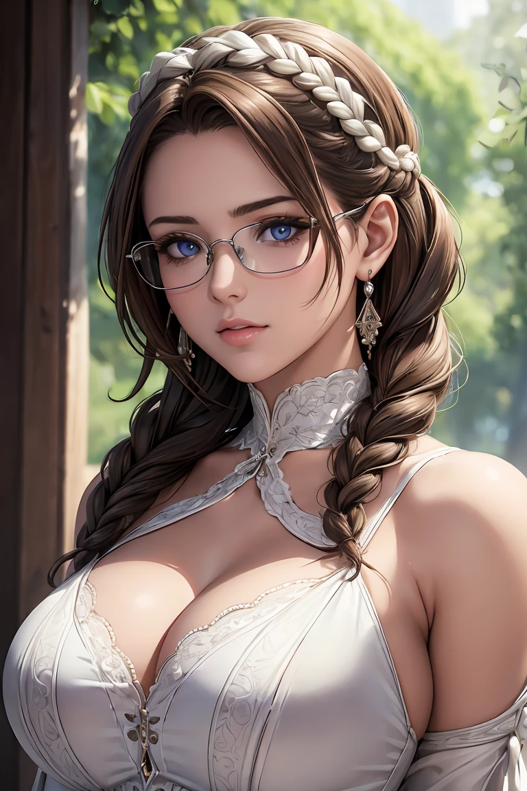 masterpiece, Best Quality, A high resolution, (Photorealistic:1.4), Detailed beautiful face, perfect face, detailed shining eyes, reflective eye pupils, Stunning European woman, detailed formal white dress, Super Cute, Gorgeous twin braided brown hair, glasses, detailed earrings, 8K resolution, Ultra-realistic, Ultra-detailed, high quality
