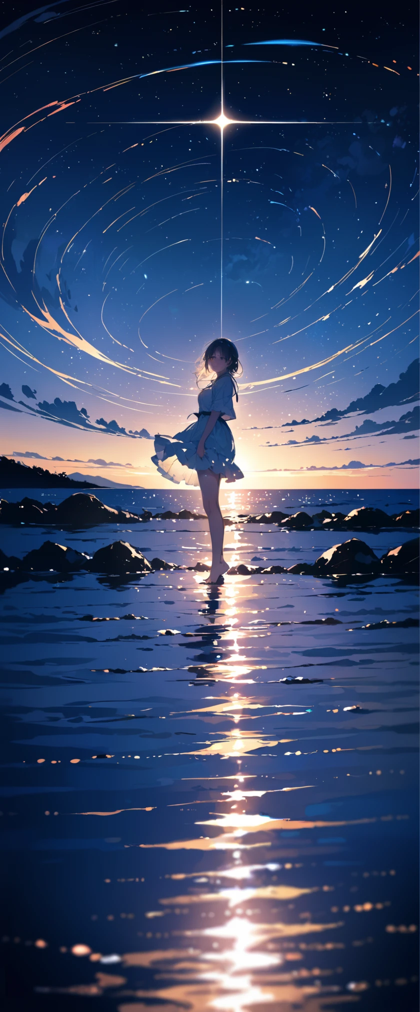 (Close-up:1.4)、(RAW Photos:1.2)、(Photorealistic:1.4)、(masterpiece:1.3)、(highest quality:1.4)、Japanese girl、(Night Scenery:1.2)、Light clothing、pretty girl、Put one foot in the sea、Standing on tiptoes、Landscape、Between the horizon and the sea、Side view、Ripples spreading from the toes、Standing about 20 meters away、on the sea、The whole scene shineeteors、illumination、