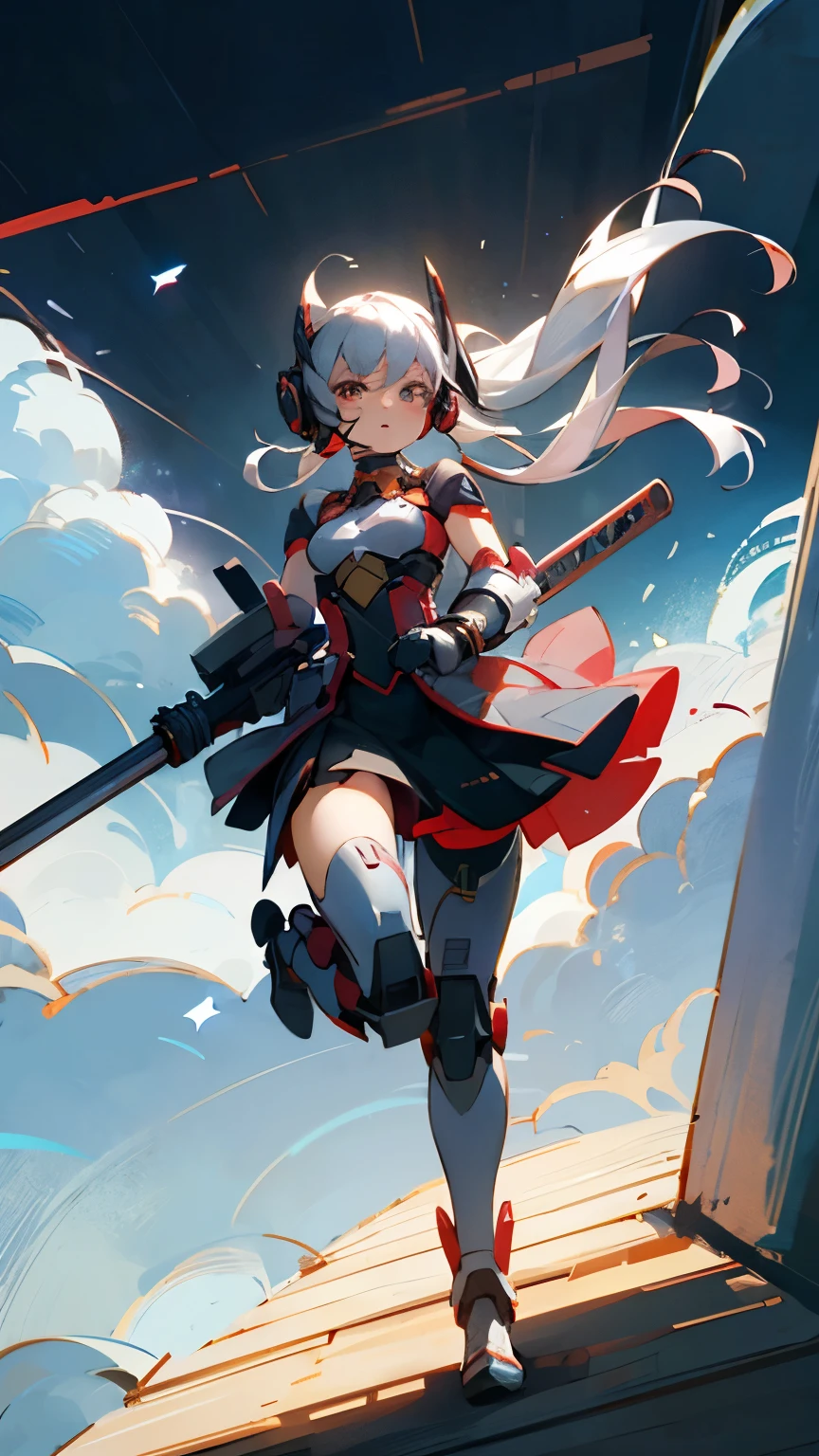 ((best quality)), ((masterpiece)), (detailed), perfect face, kawaii,Girl, silver long pigtail hair (hair floating in air like being blown by wind), small breasts, focused expression in the eyes,red Sci-fi samurai power armor, armoured skirt, left hand replaced with cannon , wearing headset,
Full body look, character always facing forward, focus on face, location inside space looking corridor light pointing from ground up,