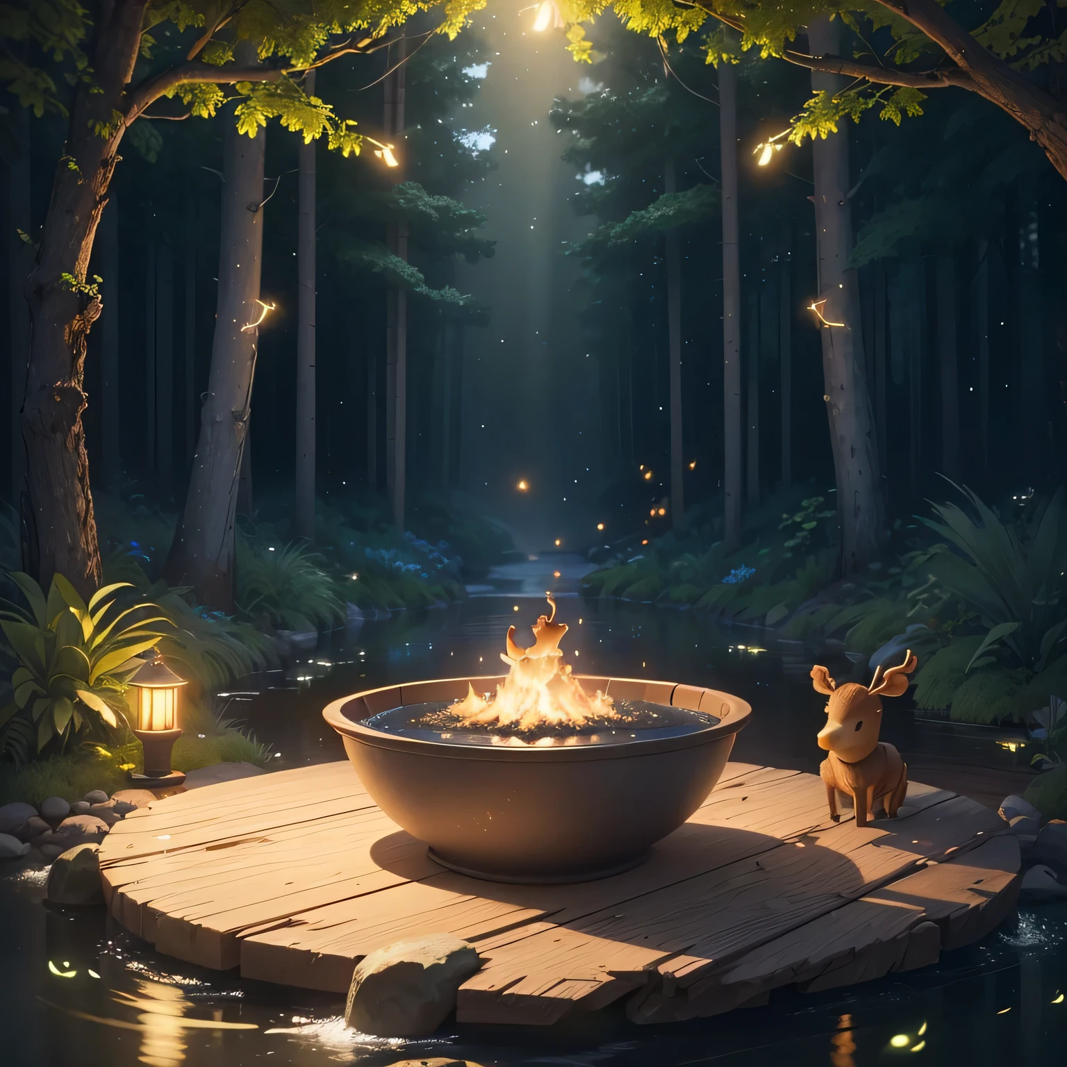 Masterpiece, best quality, (very detailed CG unity 8k wallpaper), (best quality), (best illustration), (best shadows), glow sprite, with a glowing deer, in the swimming pool Drinking water, natural elements in the forest theme. Mysterious forest, beautiful forest, nature, surrounded by flowers, delicate leaves and branches surrounded by fireflies (natural elements), (jungle theme), (leaves), (twigs), (fireflies), (particle effects) etc. 3D , Octane rendering, ray tracing, super detailed