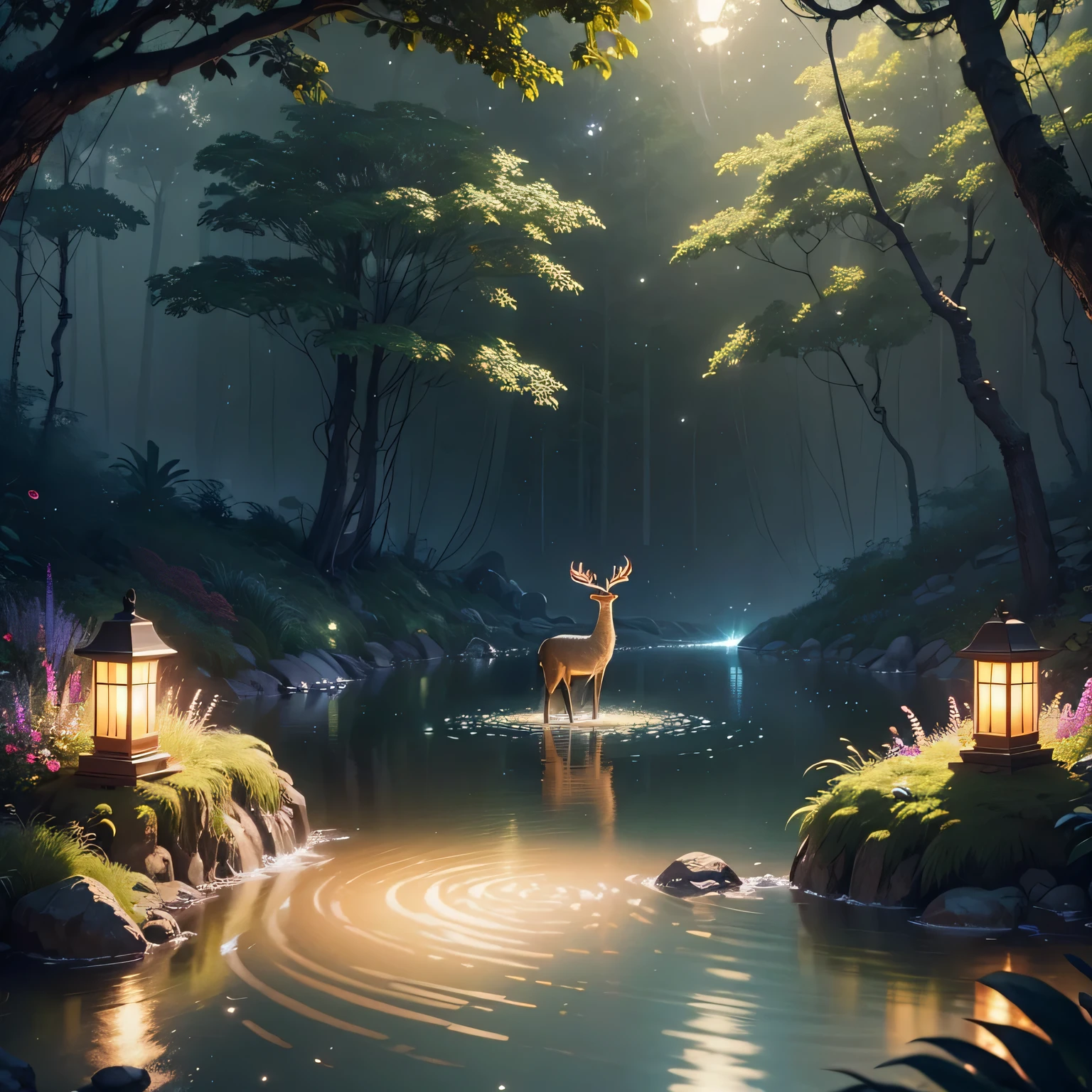 Masterpiece, best quality, (very detailed CG unity 8k wallpaper), (best quality), (best illustration), (best shadows), glow sprite, with a glowing deer, in the swimming pool Drinking water, natural elements in the forest theme. Mysterious forest, beautiful forest, nature, surrounded by flowers, delicate leaves and branches surrounded by fireflies (natural elements), (jungle theme), (leaves), (twigs), (fireflies), (particle effects) etc. 3D , Octane rendering, ray tracing, super detailed