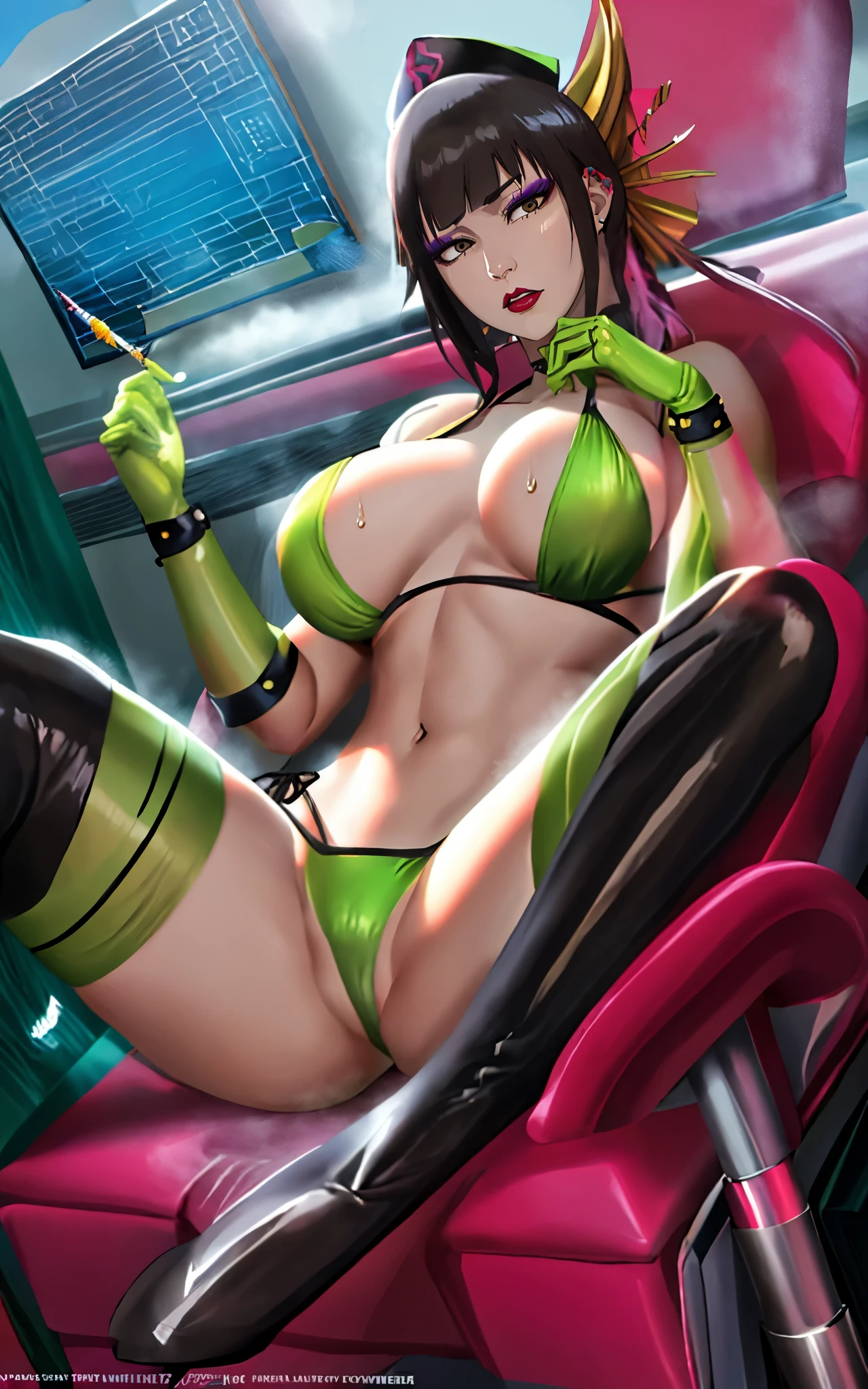 senjumaru shutara, long hair, bangs, blunt bangs, black hair, sidelocks, (black eyes:1.5), makeup, lipstick, red lipstick, anatomically correct, heavy breathing, female, best quality, trick_or_treatment, 1girl, green_gloves, hat, swimsuit, syringe, thighhighs, gloves, breastn_bikini, bikini, green_legwear, solo, thigh_boots, nurse_cap, boots,, large_breasts, layeini, looking_at_viewer, thighhighs_under_boots, elbow_gloves, navel, spread_legs, black_footwear, shrug_(clothing), between_fingers, "Vector art, Vivid colors, Clean lines, Sharp edges, Minimalist, Precise geometry, Simplistic, Smooth curves, Bold outlines, Crisp shapes, Flat colors, Illustration art piece, High contrast shadows, Technical illustration, Graphic design, Vector graphics, High contrast, Precision artwork, Linear compositions, Scalable artwork, Digital art", sweating, steaming body, fog, (shaded face:1.2), hollow eyes, makeup, lipstick, brown eyes, looking at viewer, (heavy breathing:1.2), expressionless, nsfw,