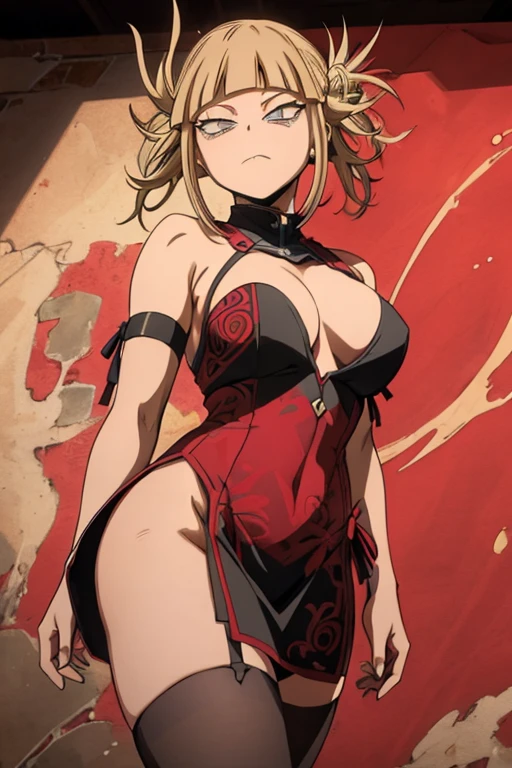 (Himiko Toga from Boku no Hero Academia) is featured in this stunning work of art. Her body stands out against the vibrant red background, showing off every curve and contour perfectly. She wears a daringly revealing dress that accentuates her generous breasts, leaving little to the imagination. The fabric of the piece is expertly crafted with intricate patterns like lace and ribbon, adding texture and allure to the overall composition. It's evident how skilled the artist is at capturing raw sensuality on canvas."