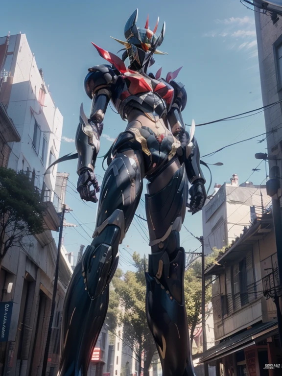 1 giant robot, Mazinger Z, Go Nagai, aesthetic artwork, ((open head for glider position)), yellow eyes, full body, ((black and silver super mazinger robot armor with blue forearms and calves, detail intricate, high level of detail)), ((two red metal zetas on the chest)), (((in the city, surpassing buildings in height))), (extremely detailed 8K wallpaper), soft lighting, high quality, film grain, sharp focus fujifilm XT3, f 5.6, 50 mm, high level of detail, sharp focus, complex details