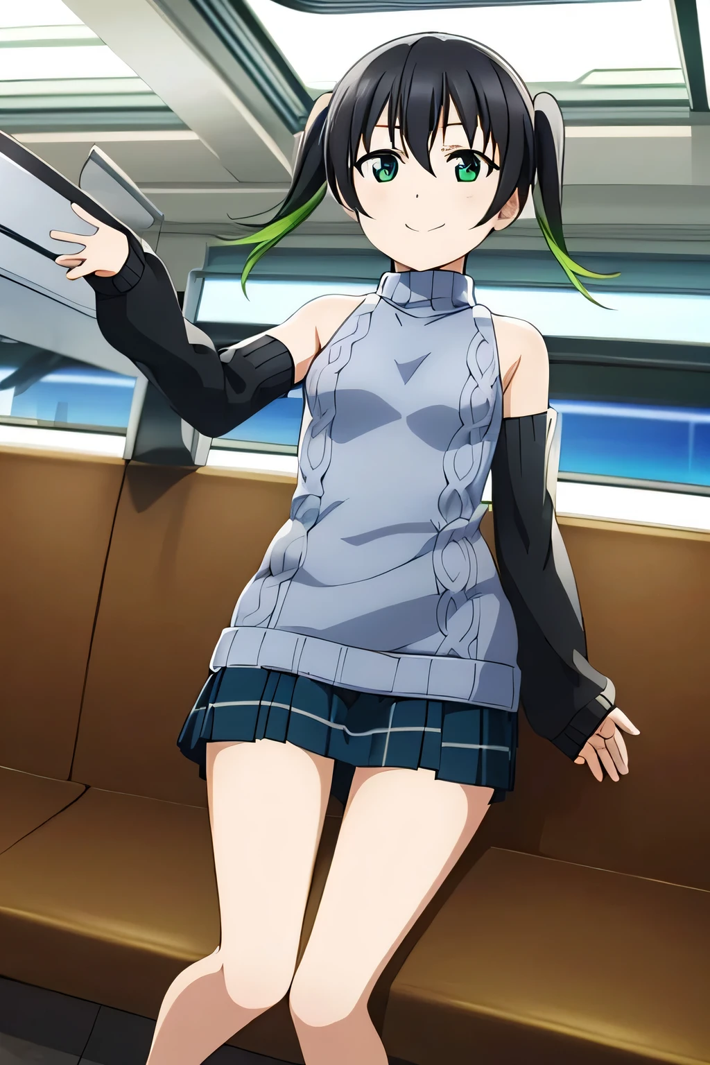 (highest quality, Tabletop:1.2),Are standing, smile,Open your mouth,takasaki yuu,  Multicolored Hair, Green Eyes, Twin tails, Black Hair,Hair between the eyes,Inside the train,(((No sleeve_sweater))),((mini skirt)),