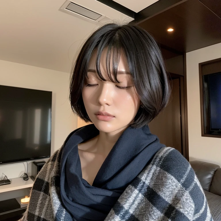 n the living room at night, a beautiful Japanese woman in her 30s with short hair, wearing a dark blue long-sleeved cotton shirt and wrapped in a black and gray plaid blanket, looks down and closes her eyes, unable to bear the sleepiness. face. Focal length 100mmf/2.8, spring night, dark living room on the upper floor of a high-rise apartment, single indirect light, well-shaped face, profile, toned body, maximum close-up of eyes, low angle, sense of presence, 8K image quality, highest quality.