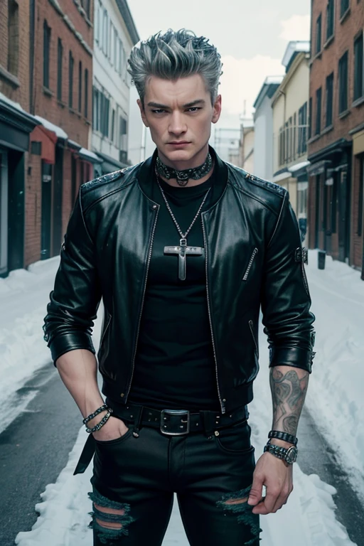 James Marsters 20-year-old boy with open black jacket, blue t-shirt with snow print, short black hair, punk style, yellow locks, black jeans, green eyes, black leather belt, silver buckle, slim muscular build, cross medallion, silver bracelet, looking straight at the viewer