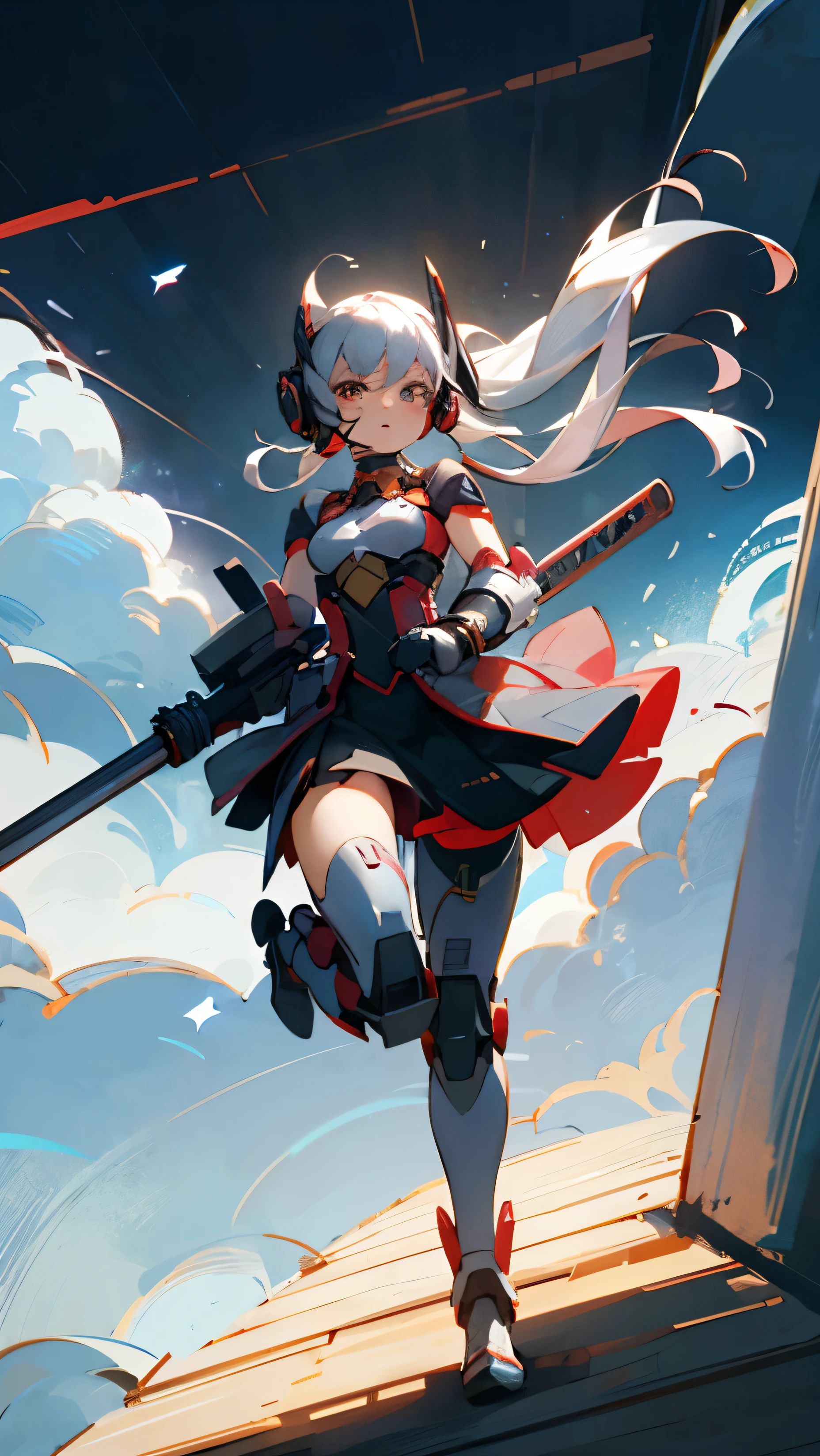 ((best quality)), ((masterpiece)), (detailed), perfect face, kawaii,Girl, silver long pigtail hair (hair floating in air like being blown by wind), small breasts, focused expression in the eyes,red Sci-fi samurai power armor, armoured skirt, left hand replaced with cannon , wearing headset,
Full body look, character always facing forward, focus on face, location inside space looking corridor light pointing from ground up,