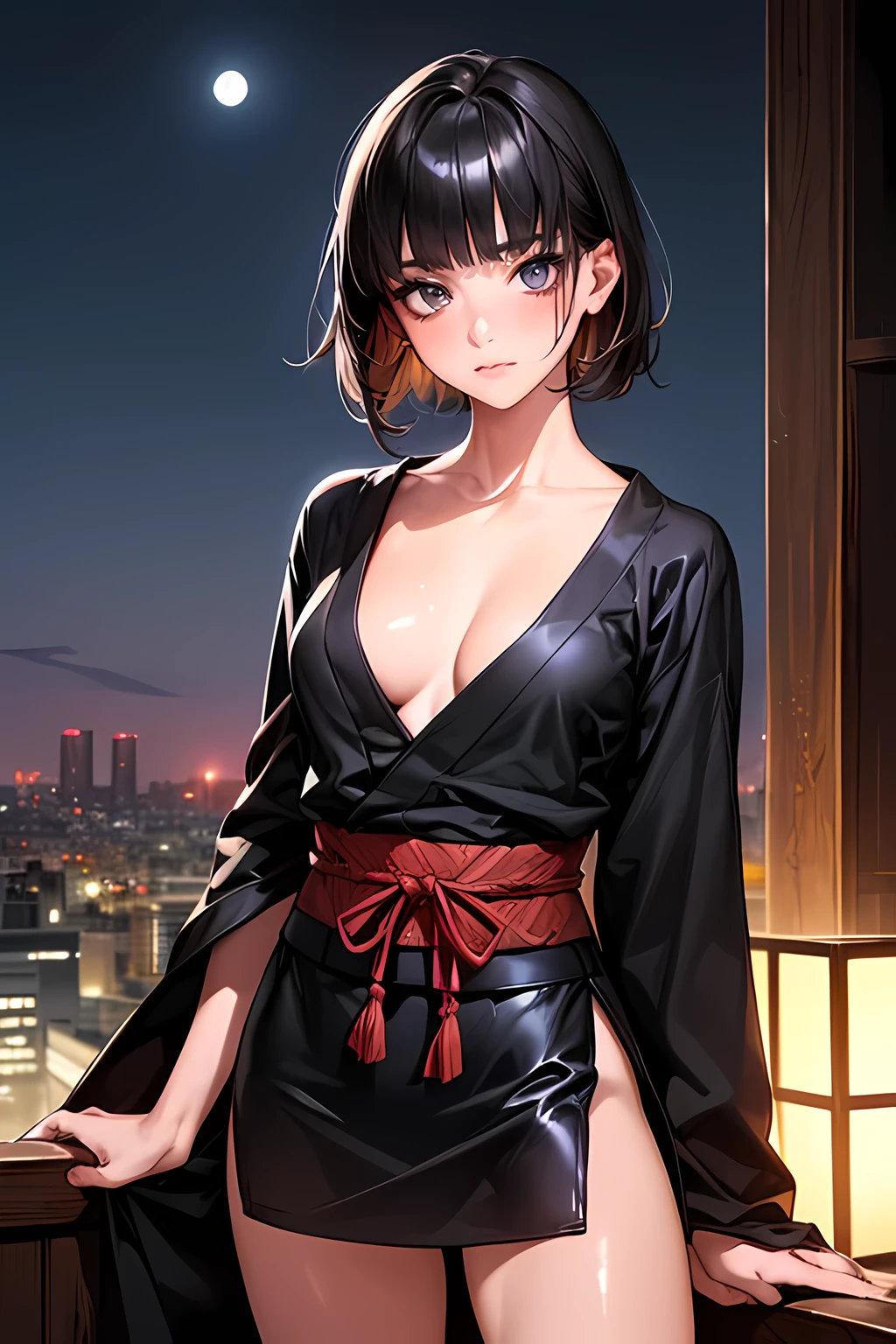 (((perfect anatomy,realistic:1.4,RAW Photography:1.4,masterpiece、highest quality、Ultra - High resolution、High resolution、Highly detailed CG、8K))),cowboy shot,1 female,solo,18 year old beauty,Japanese,((beautiful detailed face and eyes:1.3,big gorgeous eyes:1.3,gray eyes)),black hair,short bob hair,blunt bangs,blush,(medium breasts,slender body,small head:1.3,skinny),(gleaming skin,oily skin,shiny skin),,((ninja:1.7,Black kimono,cleavage、Black mini skirt、Deep slit)), rooftop of high-rise building,Tokyo、at night、moonlight,