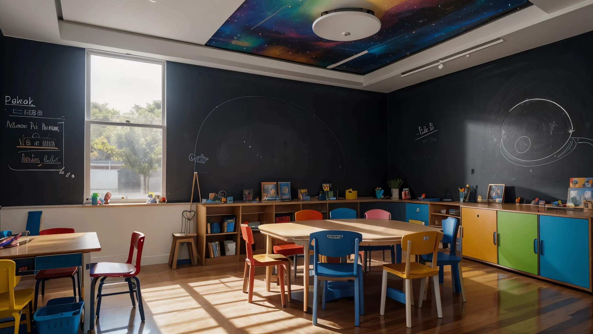 There is a ??? room interior, with planet colors, architect modern, with 4 tables and 4 chairs for kid, art classroom, ??? paitning, black board, window, decoration for kid, colorful room ???, anime, Pixar, modern, cinematic lighting, bloom, reflection light, god rays, masterpiece, high quality, high details, best quality, 1080P