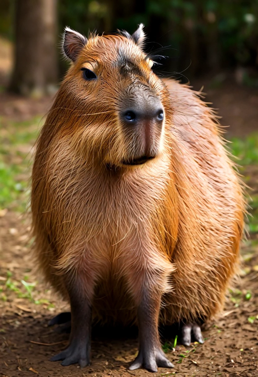 A Capybara, (best quality, realistic:1.2),peaceful,capybara,capybara in a grassy field,brown furry capybara,brown fur,big round eyes, soft lighting,gentle shadows,sitting quietly relaxed,capybara sitting, nature animals,grassy field,green grass,bright sunny warm, realistic detailed artwork,detailed fur texture,high-res image,capturing every strand of fur, peaceful atmosphere,tranquil scene,serene, soft and calming colors,earth tones,brown and green color palette, blissful expression,content and at ease,capybara's relaxed posture, nature-inspired lighting effect,subtle sunlight filtering through the trees, immersive artwork,feeling as if you can reach out and touch the capybara's fur.