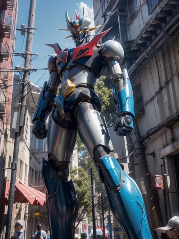 1 giant robot, Mazinger Z, Go Nagai, aesthetic artwork, ((open head for glider position)), yellow eyes, full body, ((black and silver super mazinger robot armor with blue forearms and calves, detail intricate, high level of detail)), ((two red metal zetas on the chest)), (((in the city, surpassing buildings in height))), (extremely detailed 8K wallpaper), soft lighting, high quality, film grain, sharp focus fujifilm XT3, f 5.6, 50 mm, high level of detail, sharp focus, complex details