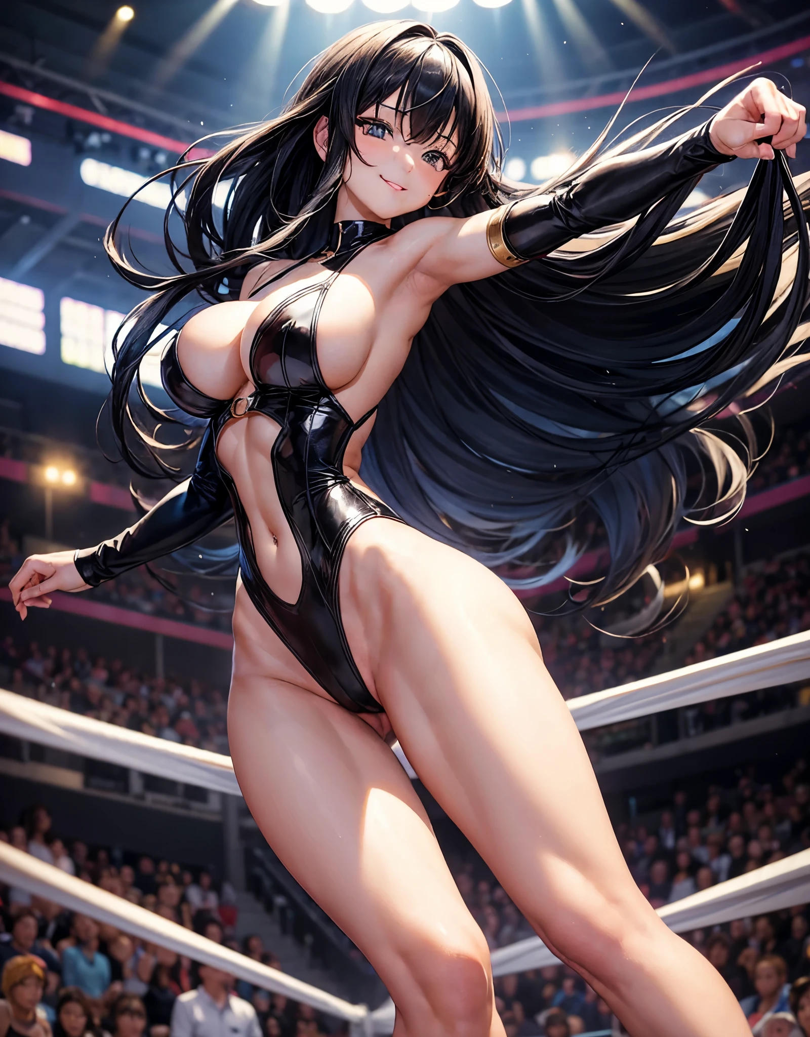 beautiful girl、Fighter、Black Hair、long hair、Big Breasts、sexy、Sexy、A gentle smile、Racy leotard、High leg、Wristband、Gloves、Long shoes、canvaat、On the Ring、Match in the ring、venue、The whole body is visible、Abdominal muscles、one person、Standing on one leg、High Kick、High Kickポーズ