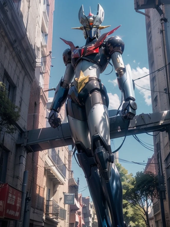 1 giant robot, Mazinger Z, Go Nagai, aesthetic artwork, ((open head for glider position)), yellow eyes, full body, ((black and silver super mazinger robot armor with blue forearms and calves, detail intricate, high level of detail)), ((two red metal zetas on the chest)), (((in the city, surpassing buildings in height))), (extremely detailed 8K wallpaper), soft lighting, high quality, film grain, sharp focus fujifilm XT3, f 5.6, 50 mm, high level of detail, sharp focus, complex details