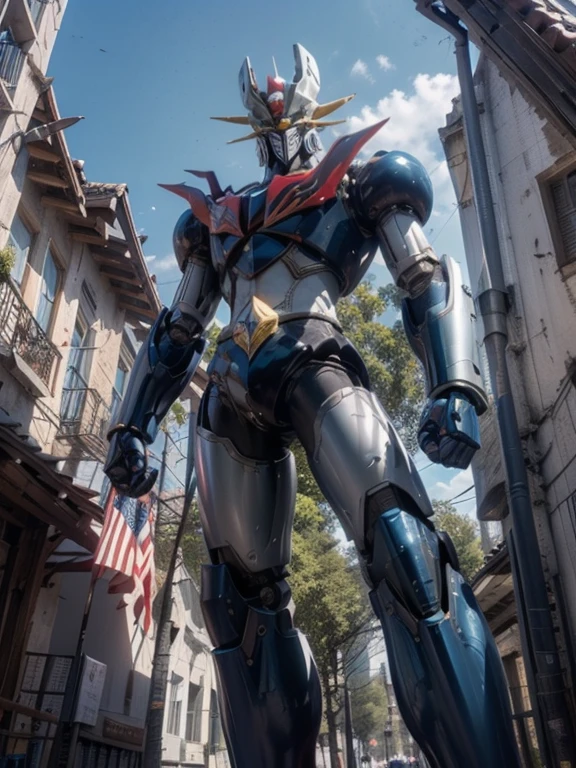 1 giant robot, Mazinger Z, Go Nagai, aesthetic artwork, ((open head for glider position)), yellow eyes, full body, ((black and silver super mazinger robot armor with blue forearms and calves, detail intricate, high level of detail)), ((two red metal zetas on the chest)), (((in the city, surpassing buildings in height))), (extremely detailed 8K wallpaper), soft lighting, high quality, film grain, sharp focus fujifilm XT3, f 5.6, 50 mm, high level of detail, sharp focus, complex details