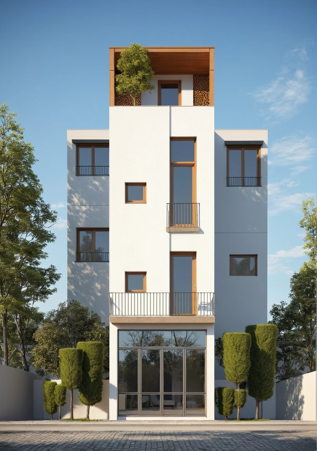 townhouse, (modern style:1.2), exterior design, perspective view, (white wall:1.3), (block sidewalks and asphalt roads), (frontal diagonal roof, roof tiles), (day sky background), Low trees around the house, (the house next door is lower than the subject designer's house), (day light:1.1), (Neutral lighting is suitable for the townhouse, light color thermometer lighting), (architectural design visualization), (reflection), (focus on object), (material normal bump real reflection), (scattered light), (light ray), (multi-beam light), (sunbeam) (multi-level reflection), (chao vantage software visualization render),(((Best Quality))), ((Masterpiece)), ((best illustration)), ((best shadows)), ((Super Detail)), (Intricate lines), (Photorealism),(hyper detail), ((archdaily)), ((award winning design)), (dynamic light), ((day)), spotlight, (perfect light), (shimering light), ((photorealistic)), ((intricate detail)), ((extreme detail)), ((crazy detail)), ((octane render)), ((trending on artstation)), ((High-fidelity)), ((Viwvid)), ((Crisp)), ((Bright)), ((Stunning)), ((Eye-catching)), ((High-quality)),((Sharp))((Bright)), ((Stunning)), ((natural sun environment)), ((Eye-catching)), ((Illuminating)), ((Flawless)), ((High-quality)),((Sharp edge render)), ((medium soft lighting)), ((photographic render)), ((detailed archviz)), ((reality environment)), (modern townhouse design architectural design facade), (modern townhouse facade roof design), (modern townhouse facade wall design), (modern townhouse facade decoration material design) (townhouse facade door and window design modern), (environmental lighting design), (modern townhouse facade lighting design), (modern townhouse front gate and fence design), (tree decoration design for townhouse facade), (Design lights for gate posts and fences), (townhouse facade railing design), (level of photo realism, depends on lighting, materials, composition, Real-Time Rendering, based on chao vantage timage rendering graphics software)