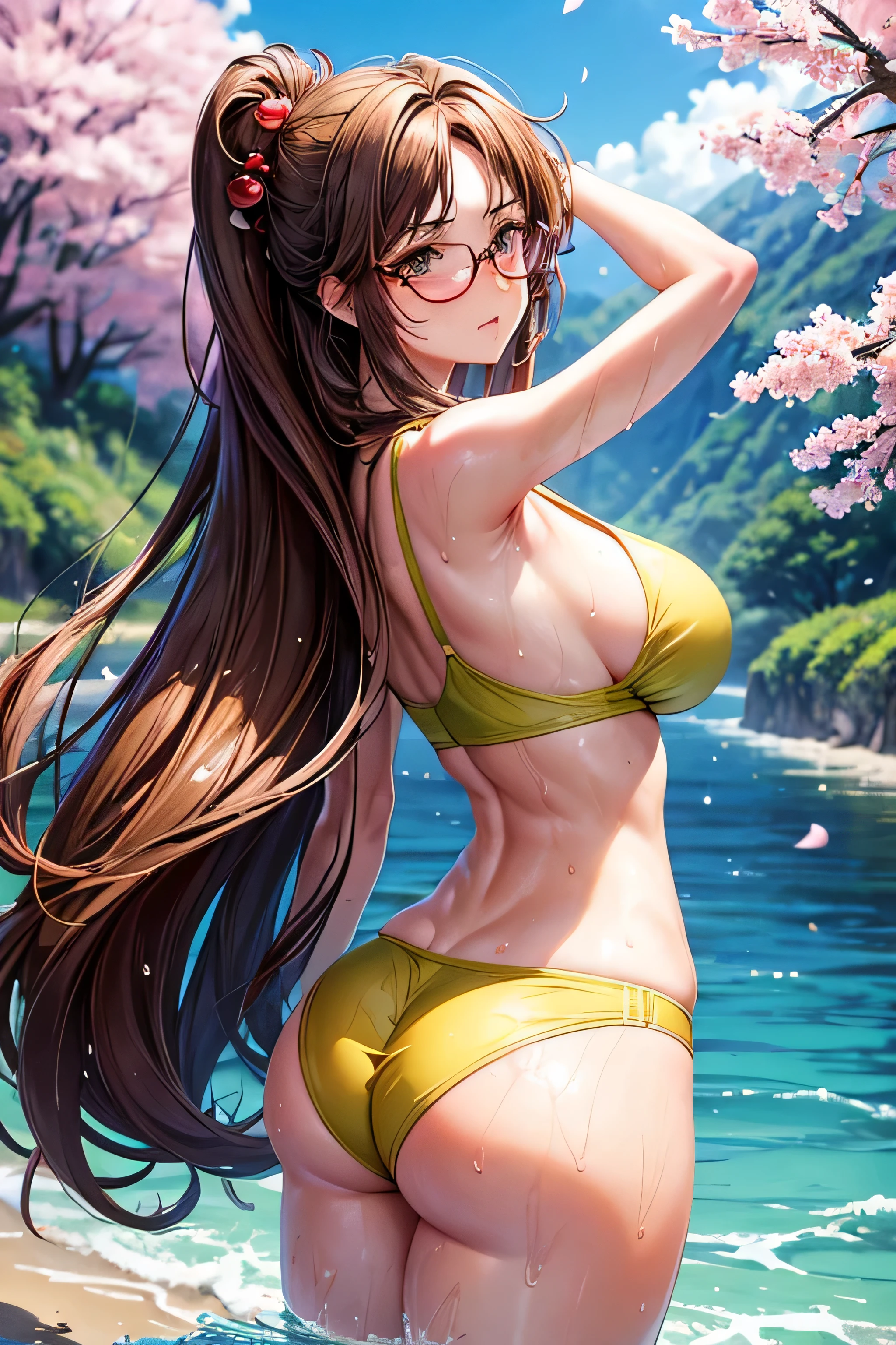 High resolution, high quality, 1 girl, Anime Girls, Brown long hair, Brown eyes, Green glasses, Sunburned skin, Large Breasts, (Big Ass),beautiful ass,sweat,wet,Embarrassed,arms behind head,standing,(water),cherryblossom,