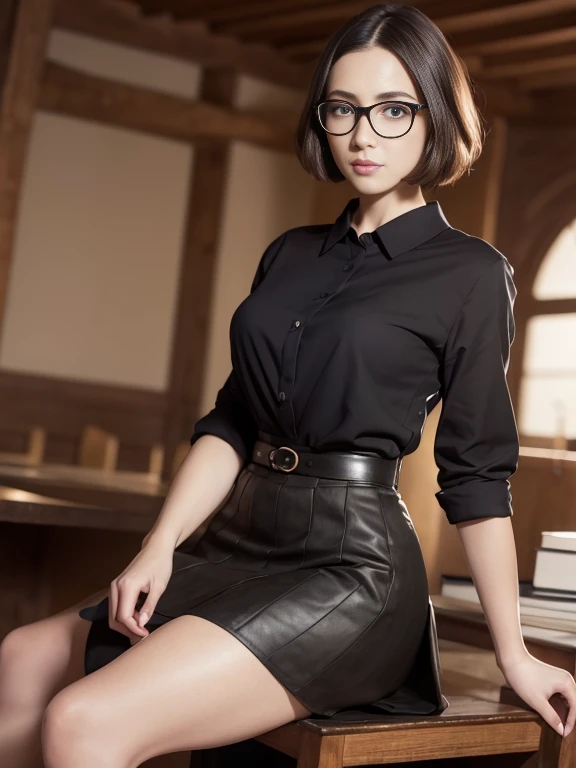 (Realistic、High resolution:1.3),alone, One Girl, masterpiece, highest quality, Very detailed, Cinema Lighting, Intricate details, High resolution, Official Art, Beautifully detailed face and eyes, High resolutionのイラスト, 8k, (Short Bob Hair), Ash Brown Hair:1.3, Very thin body, ((Long skirt、Black blouse :1.3)) 、Single Blade, blue eyes, Glasses, Conceit, Sit on a chair, Upper Body, Big Breasts, White shirt, Book_stack, library, ((vine)), Looking at the audience
