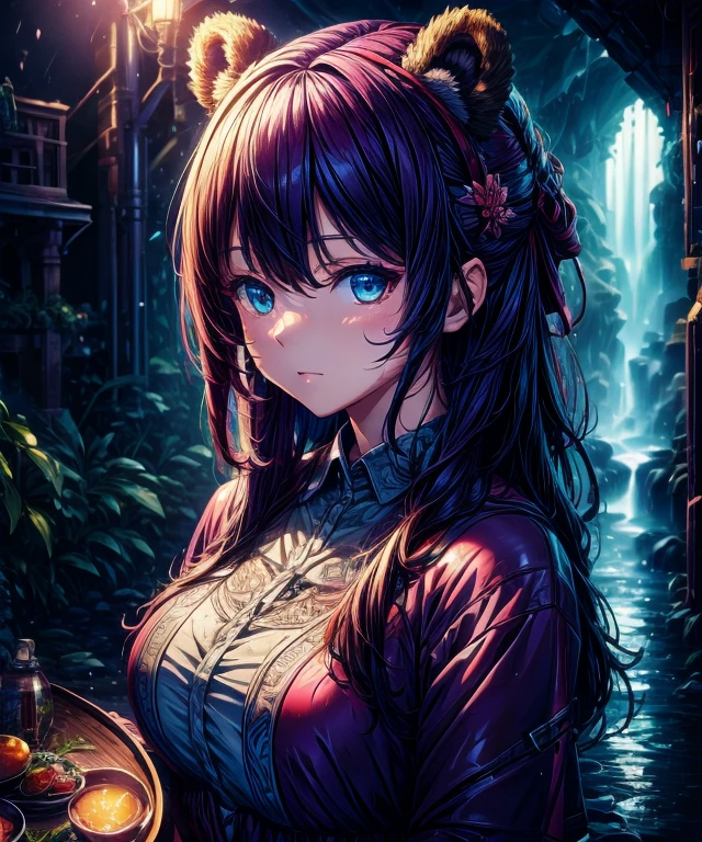 (masterpiece:1.4), (best quality:1.4), extremely detailed, intricate, hyper detailed, (PERFECT FACE), illustration,soft lighting, full_body, 1girl, lonely, Ao hair, colorful, colorized, from_above ,bear_costume , prison