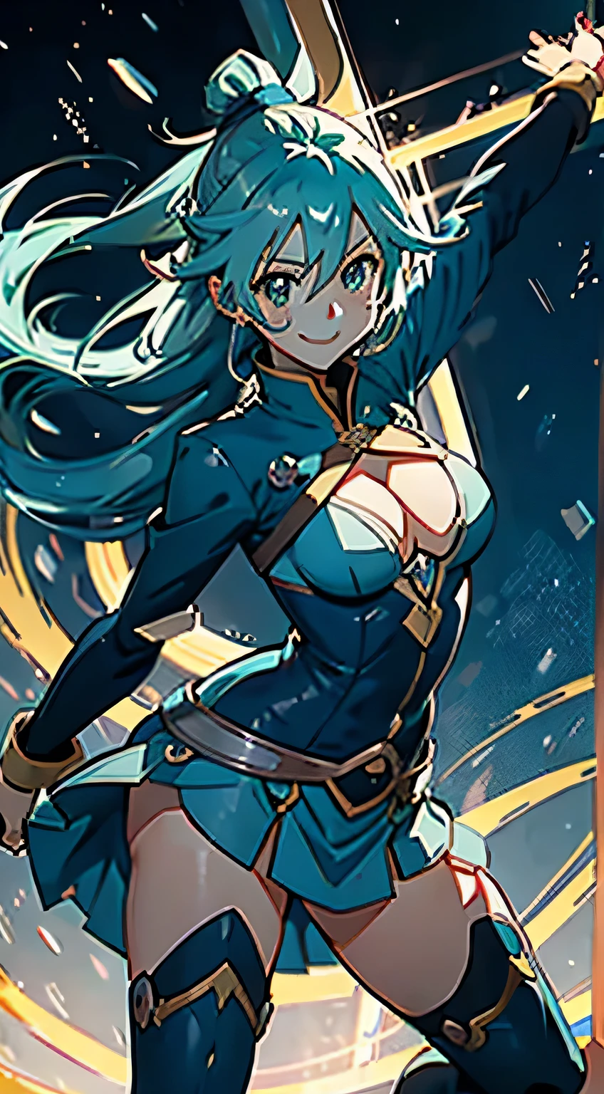 Aqua konosuba smiling, holding a hand can sexy angle, dynamic pose
