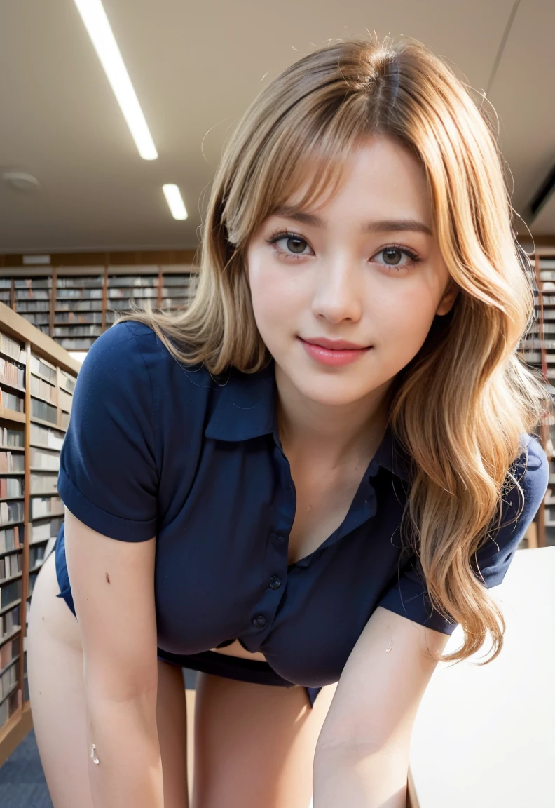 (((neat woman,Bright-eyed excitement,kind smile,blush,blush,red cheek,please touch me,tempting viewer,i want you))),(all fours and picking up a book from the floor), (all fours and picking up a book from the floor,),((((blush,red cheek,sweat)))),(cinematic lighting), (Photo real:1.4)、(A hyper-realistic:1.4)、(Photorealistic:1.3)、 (gentle lighting: 1.05)、(Improve the lighting quality of your video:0.9)、 32k、25years old woman、photorealistic lighting、Back lighting、Facial Lights、Ray Trace、(bright:1.2)、(Increase quality:1.4)、 (best quality real texture skin)、Fair eyes,delicate face、 Close-up of the face, ((Wearing the beige stewardess uniform,beige stewardess,midium skirt,navy panties,high-heel),(Bodyline mood improvement:1.1)、Glossy skin、Korean Idol、Nogizaka Idol、good figure,perfect anatomy,Beautiful actress,(((beautiful large breasts,underboob,slender waist,slender hip,long slender legs,8heads tall))),(((8heads tall))),(((blonde long wavy hair,curtain bangs))),(((in the beautiful modern office of library,super clean night view,in the night))),
