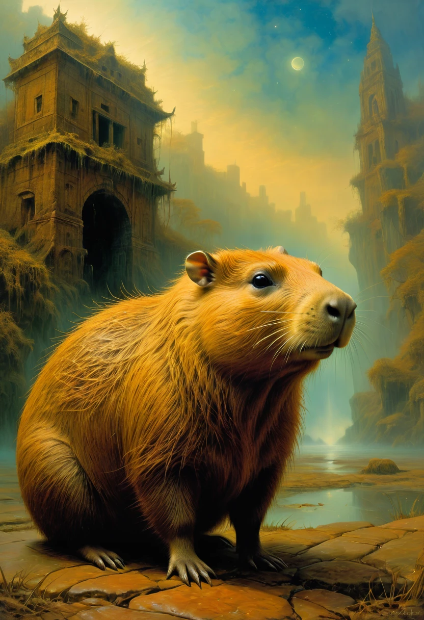 a capybara, by Zdzisław Beksiński, best quality, masterpiece, very aesthetic, perfect composition, intricate details, ultra-detailed