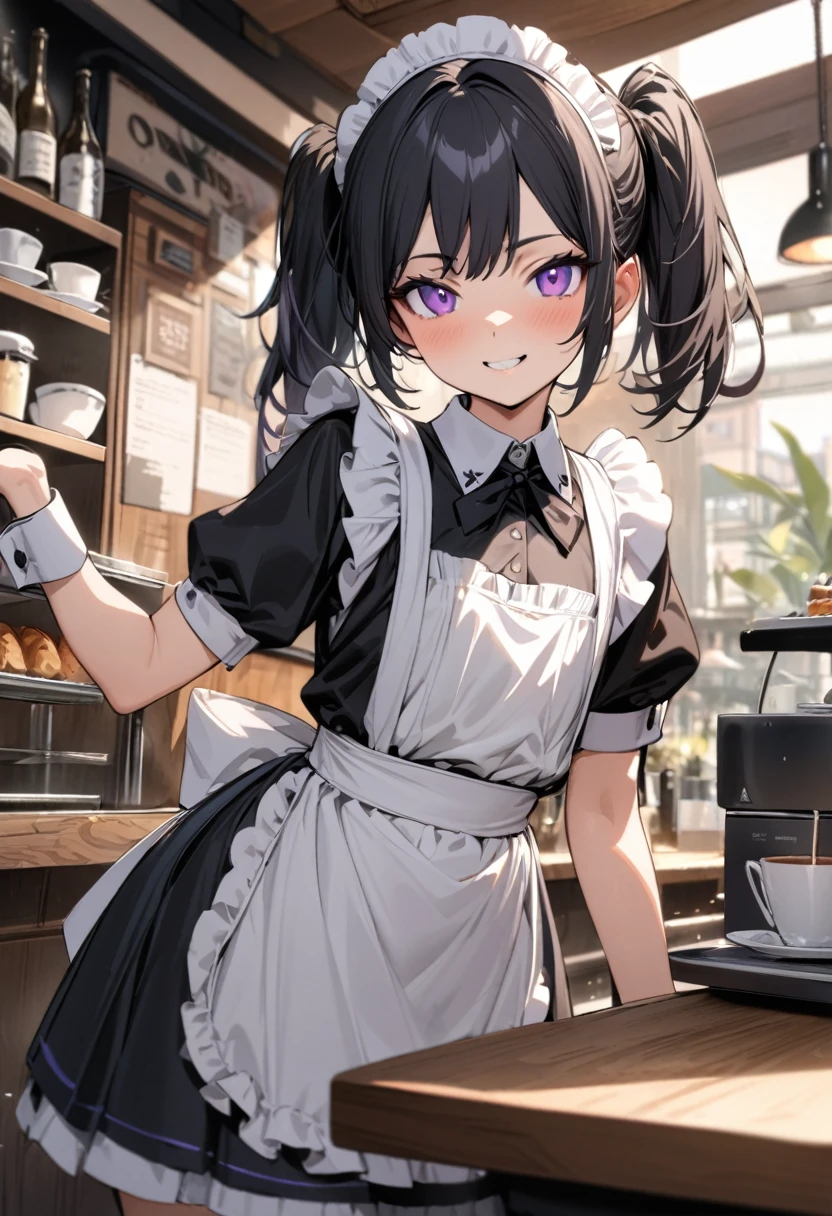 masterpiece, best quality, ultra-detailed, 1girl, , maid, black hair, short twintails, purple eyes, smile, in cafe,