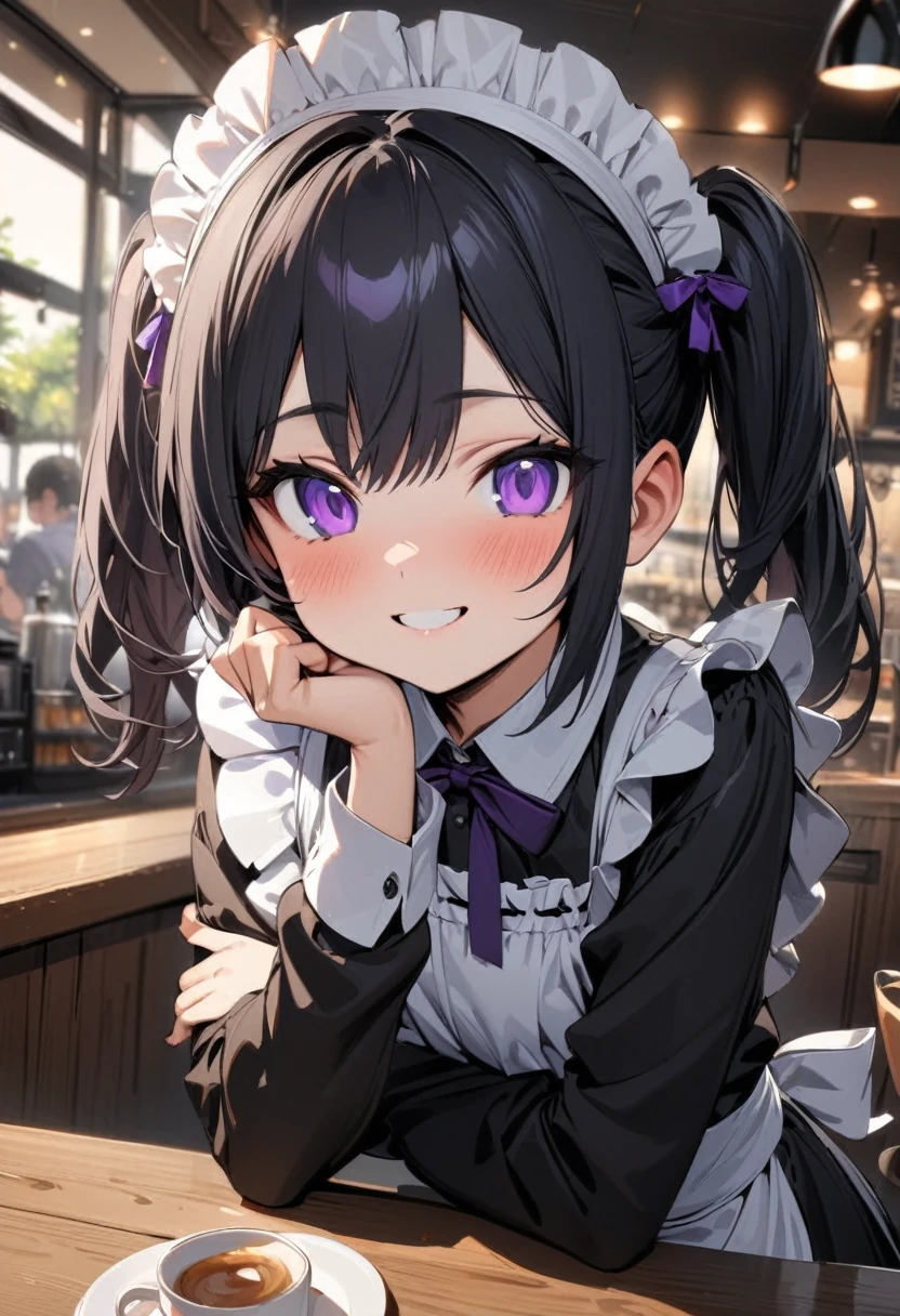 masterpiece, best quality, ultra-detailed, 1girl, , maid, black hair, short twintails, purple eyes, smile, in cafe,