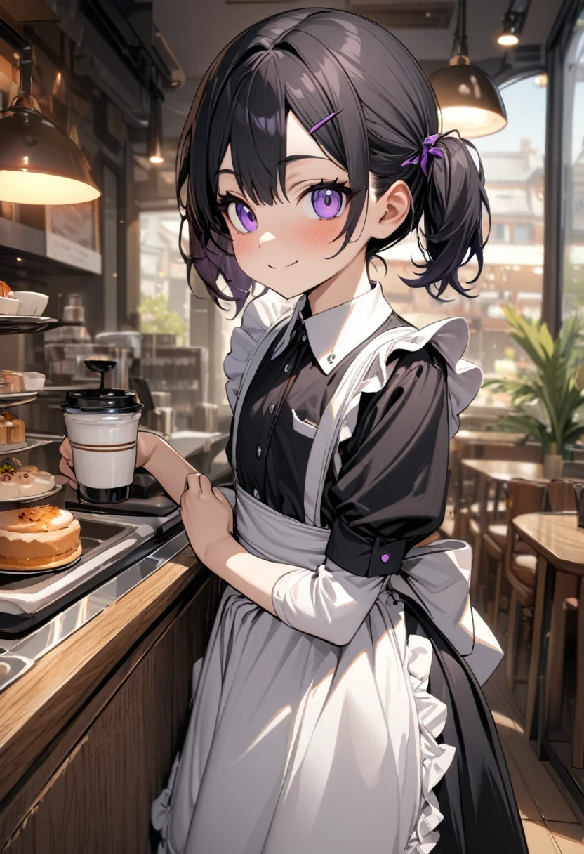 masterpiece, best quality, ultra-detailed, 1girl, 13 years old, maid, black hair, short twintails, purple eyes, smile, in cafe,