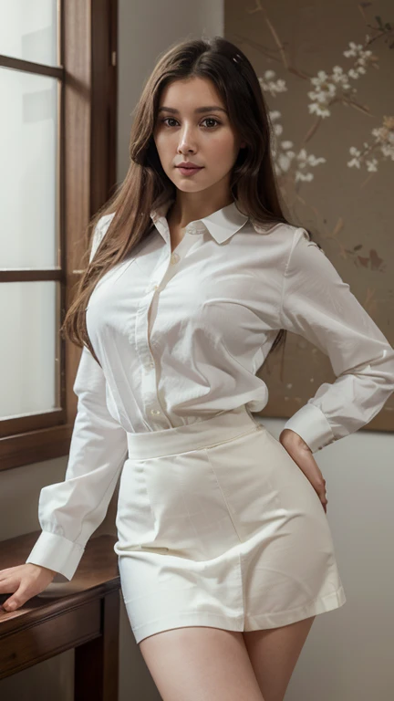 masterpiece, Photorealsitic, Realistic, Best Quality, intricate and delicate, 8k wallpaper, top-quality, ​masterpiece, realisitic, ultra-detailliert, One woman, beautiful woman, teacher, 30 years old, white long-sleeved collared shirt, black long skirt, big hips, sexy pose, sexy, naughty, full body