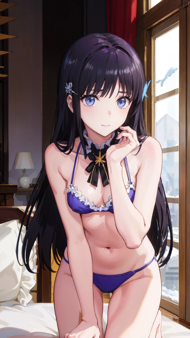 2D, masterpiece, highest quality, anime, Very detailed,cowboy shot、 One girl, alone, lily, Purple eyes, Black Hair, Hair between the eyes, Hair Clip,,Small breasts、bikini, Thin body、Snow Ornaments、Sima Shenxue、Kneeling、Leaning forward、looking down、((Face is close))、I love you、bikini,