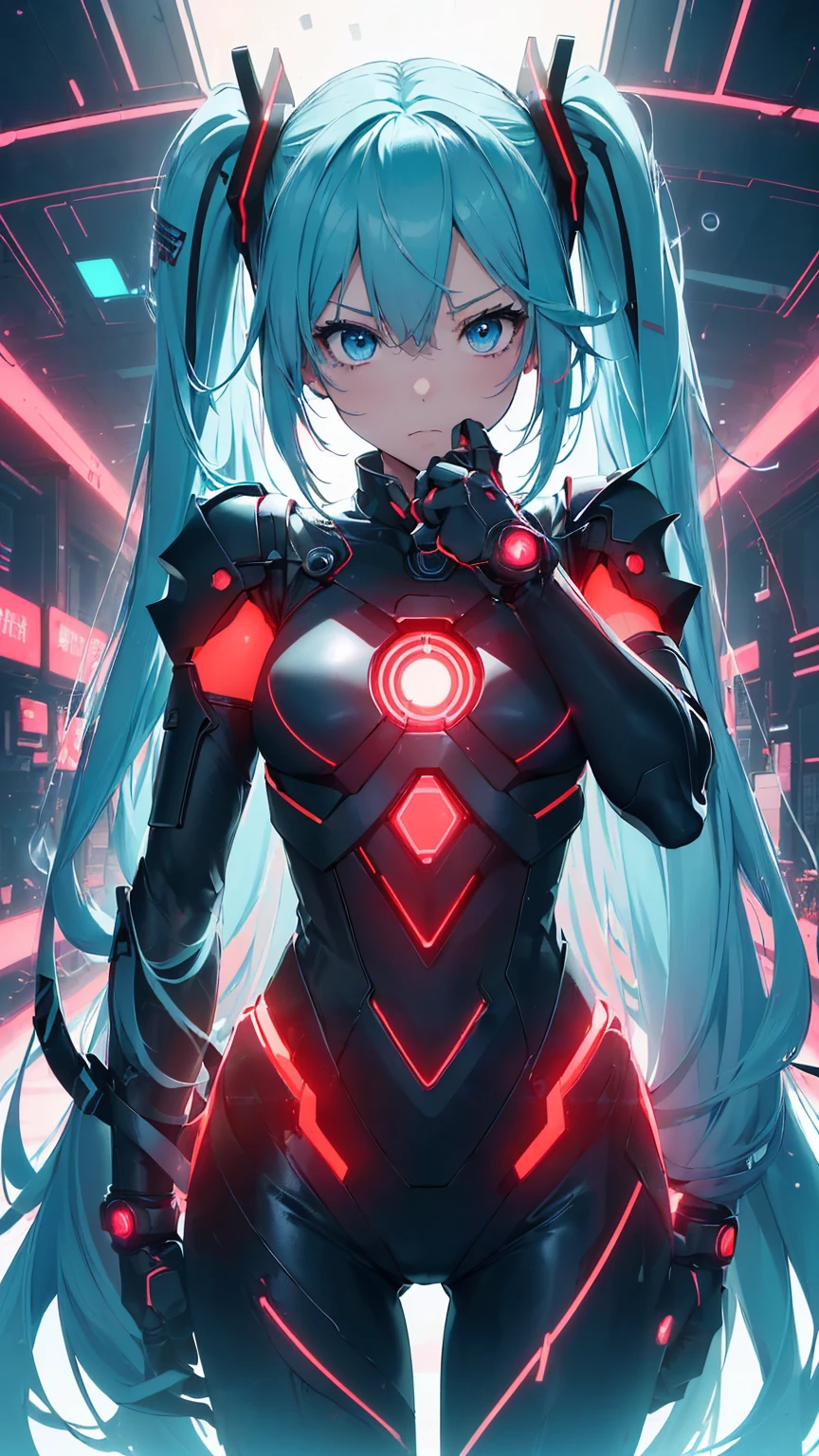high quality、Best image quality、masterpiece、Hatsune Miku VOCALOID、、Android Girl((18-year-old、red, A glowing black and blue cyber suit、Blue energy source on chest, Best Bust、Twin tails、light blue eyes、Light blue hair、Open your chest wide、valley、happiness、Slender、belligerent face、Please stand in front、Countless cable connections throughout the body、Particles of light、Sharp clawed arms)）high quality、Beautiful art、background((Research Facilities、Neon color、cyber world、red lighting))、Tabletop、Exquisite design、Visual Arts、Feature films、depth(The rampaging android army)