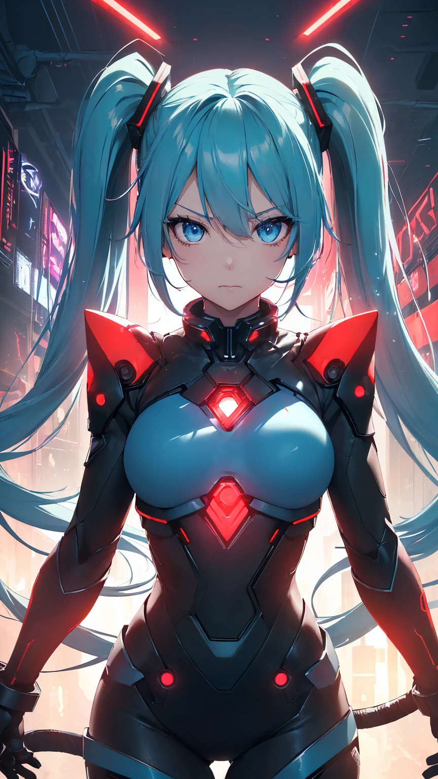 high quality、Best image quality、masterpiece、Hatsune Miku VOCALOID、、Android Girl((18-year-old、red, A glowing black and blue cyber suit、Blue energy source on chest, Best Bust、Twin tails、light blue eyes、Light blue hair、Open your chest wide、valley、happiness、Slender、belligerent face、Please stand in front、Countless cable connections throughout the body、Particles of light、Sharp clawed arms)）high quality、Beautiful art、background((Research Facilities、Neon color、cyber world、red lighting))、Tabletop、Exquisite design、Visual Arts、Feature films、depth(The rampaging android army)