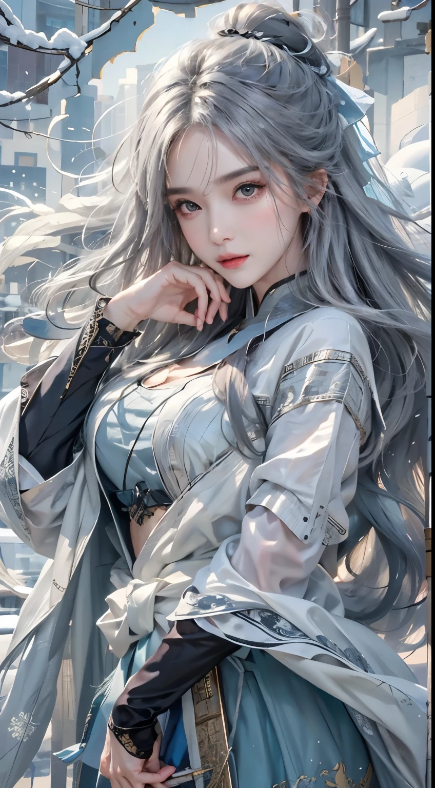Realistic, High resolution,Anti-aliasing、Anisotropic Filtering、Anatomically correct、1 Female, alone, Hip Up, View the viewer, (Detailed face), Gray Hair, Long Hair, Ample breasts, Taoist、dancing、Snow Scatters