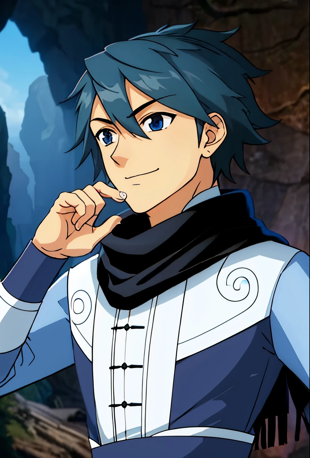 1 Boy,grinning,Hello,best quality,upper body,Denim lens,black scarf,necklace,night,in a cave,side-shot,