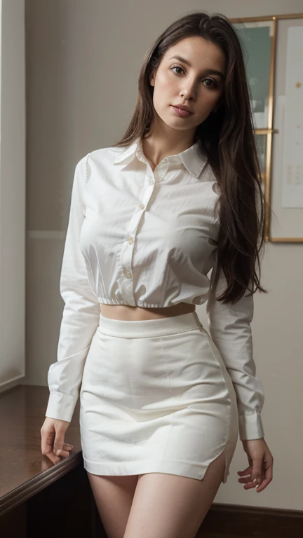 masterpiece, Photorealsitic, Realistic, Best Quality, intricate and delicate, 8k wallpaper, top-quality, masterpiece, realisitic, ultra-detailliert, One woman, beautiful woman, teacher, 30 years old, white long-sleeved collared shirt, long tight black skirt, big hips, sexy pose, sexy, naughty, full body