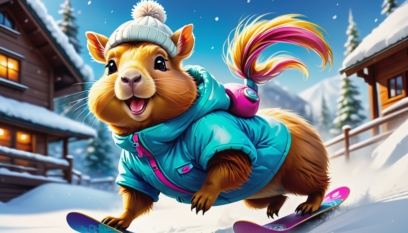 (best quality,4k,8k,highres,masterpiece:1.2),ultra-detailed,(realistic,photorealistic,photo-realistic:1.37),illustration,painted texture,adorable animal,cute capybara,lively facial expression,energetic snowboarding stance,vibrant winter scene,fresh snowfall,natural lighting,playful mood,winter sports,fun activity,joyful atmosphere,colorful snowboard outfit,fur details,blurred background,action shot,frosty breath,steep snowy slope,enthusiastic audience,cozy winter hat,winter adventure,exciting jumps and twists,positive energy,indoor snow park,sharp edges on the snowboard,happy-go-lucky,cold weather,fun-filled day,fast-paced,thrilling moment,skillful maneuvers,exciting winter hobby,cheerful vibe,joyful winter moments